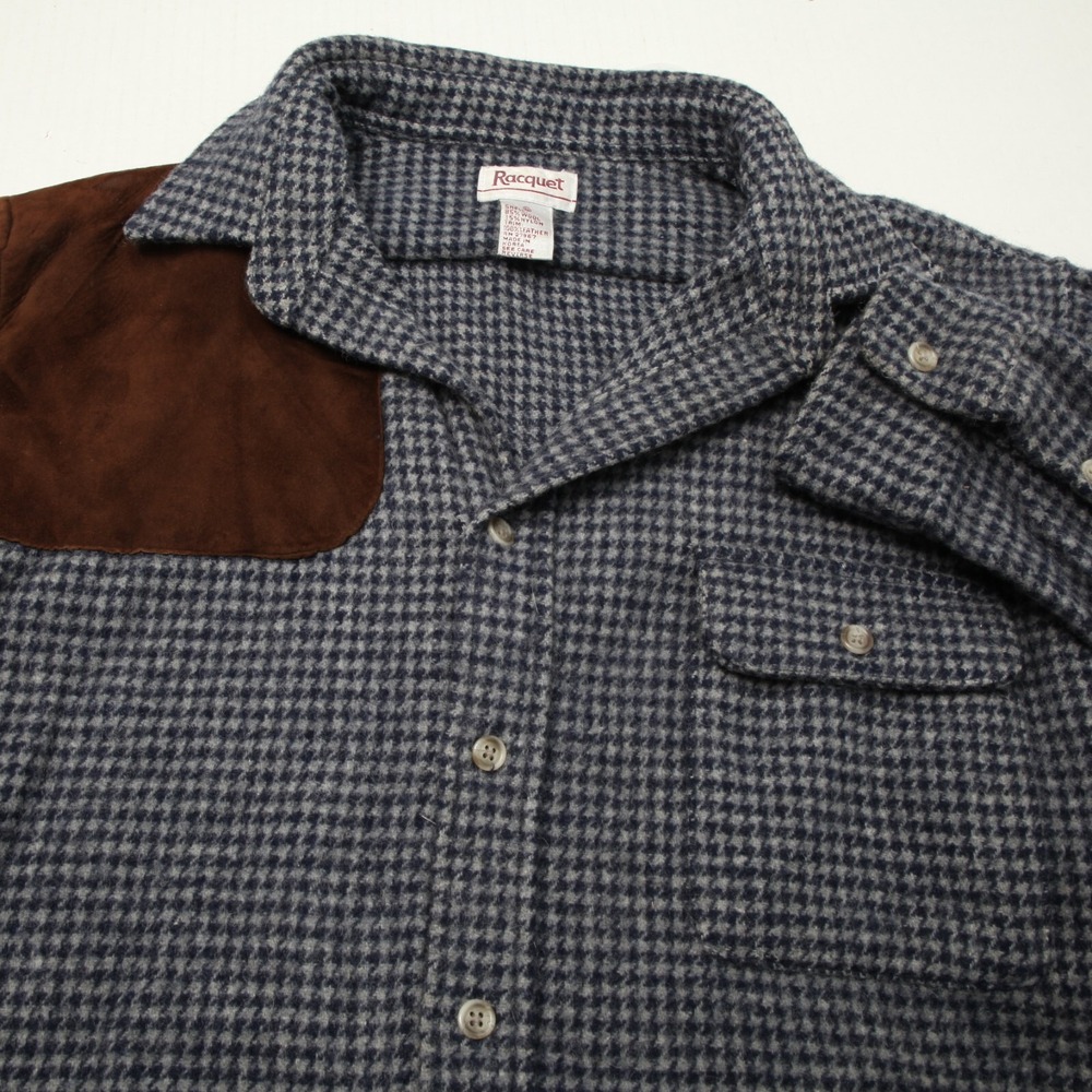 Racquet Shooting Shirt Mens XL Blue Houndstooth Wool Leather Patch Button Down